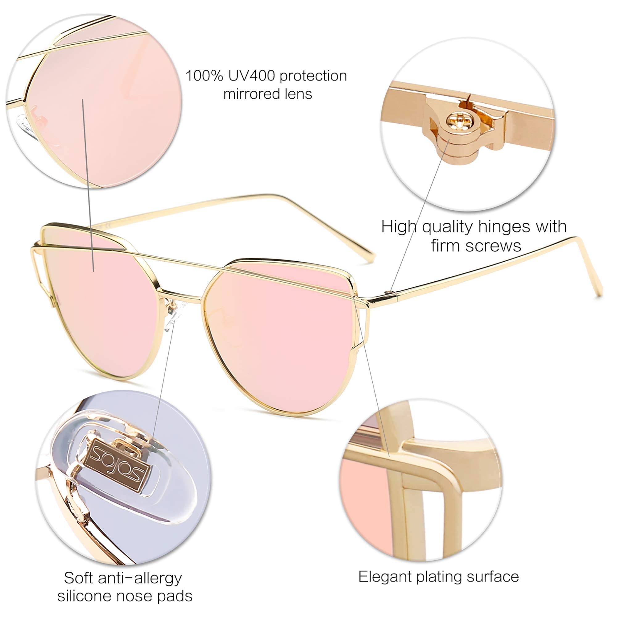 SOJOS Cat Eye Sunglasses for Women Fashion Designer Style Mirrored Lens SJ1001 Gold Frame/Pink Lens