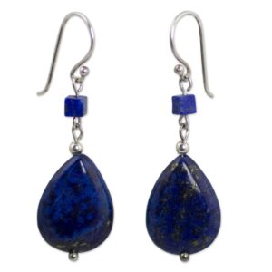 novica artisan handmade lapis lazuli dangle earrings sterling silver blue thailand royal reflecting pond birthstone [1.7 in l x 0.5 in w] ' blue lily'