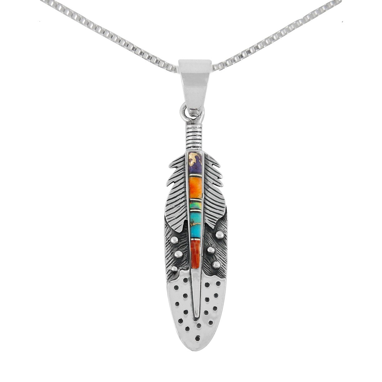 925 Sterling Silver Gemstone & Turquoise Feather Necklace (Pendant & 24" Chain) (Multi-00)