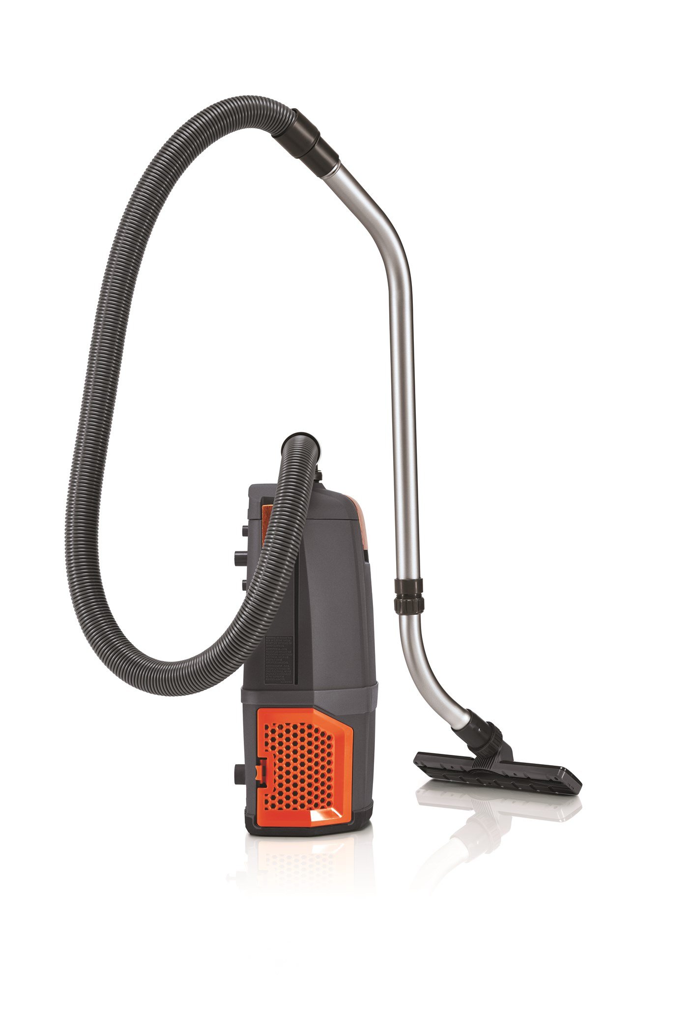 Hoover Commercial HushTone Back Pack 2 speed motor with HEPA Filtration and Hexaguard Technology, Extension wand, lightweight design, 6 quart, CH34006, Black/Orange