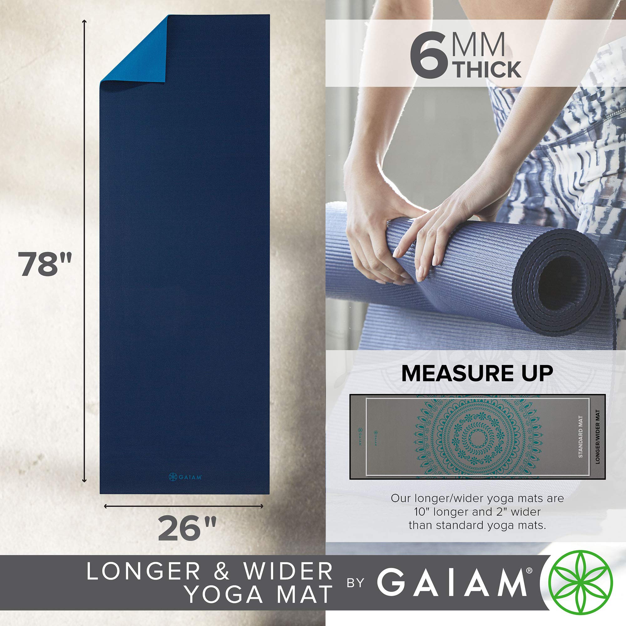 Gaiam Yoga Mat Premium Solid Color Reversible Non Slip Exercise & Fitness Mat for All Types of Yoga, Pilates & Floor Workouts, Navy/Blue, 6mm (Longer/Wider)