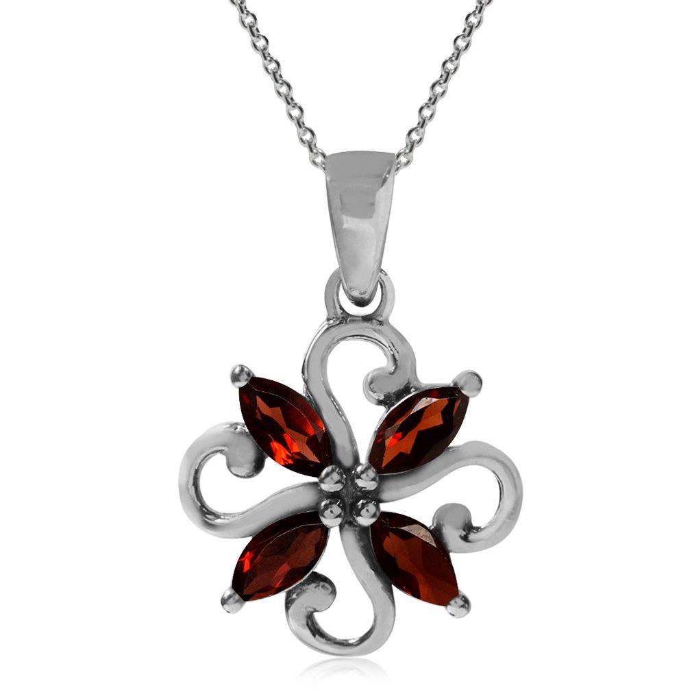 Silvershake Natural Garnet 925 Sterling Silver Victorian Style Flower Pendant with 18 Inch Chain Necklace