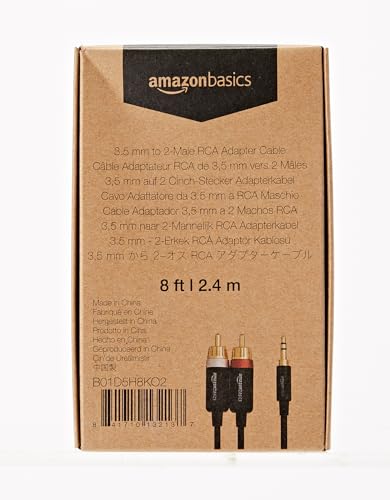 Amazon Basics 3.5 Aux to 2 x RCA Adapters, Audio Cable for Amplifiers, Active Speakers with Gold-Plated Plugs, 8 Feet/2.4 m, Black