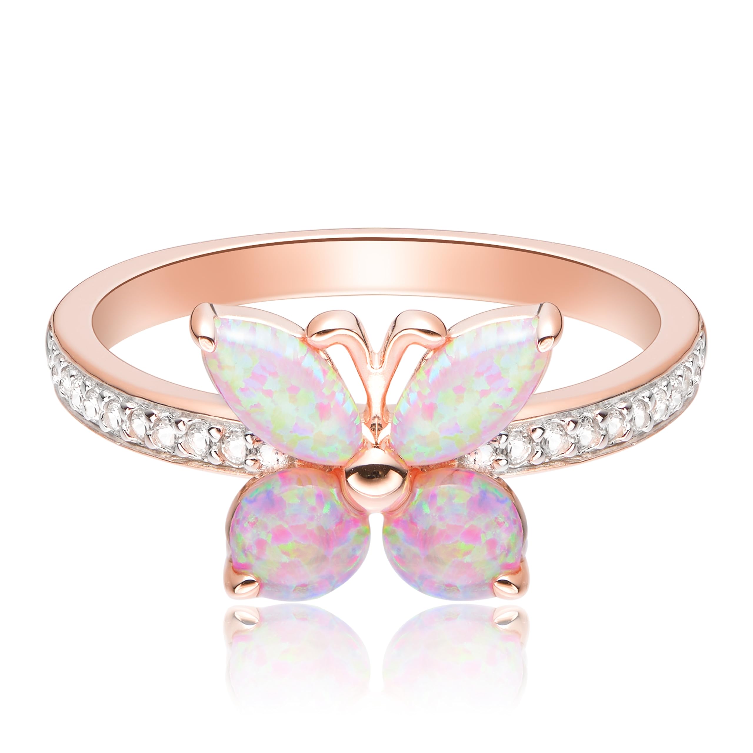 MORGAN & PAIGE 14K Rose Gold Butterfly Ring - Plated .925 Sterling Silver Pink Opal Butterfly Ring For Women - Lab Created Sapphire Ring With Eye Motif Centerpiece - Size 7