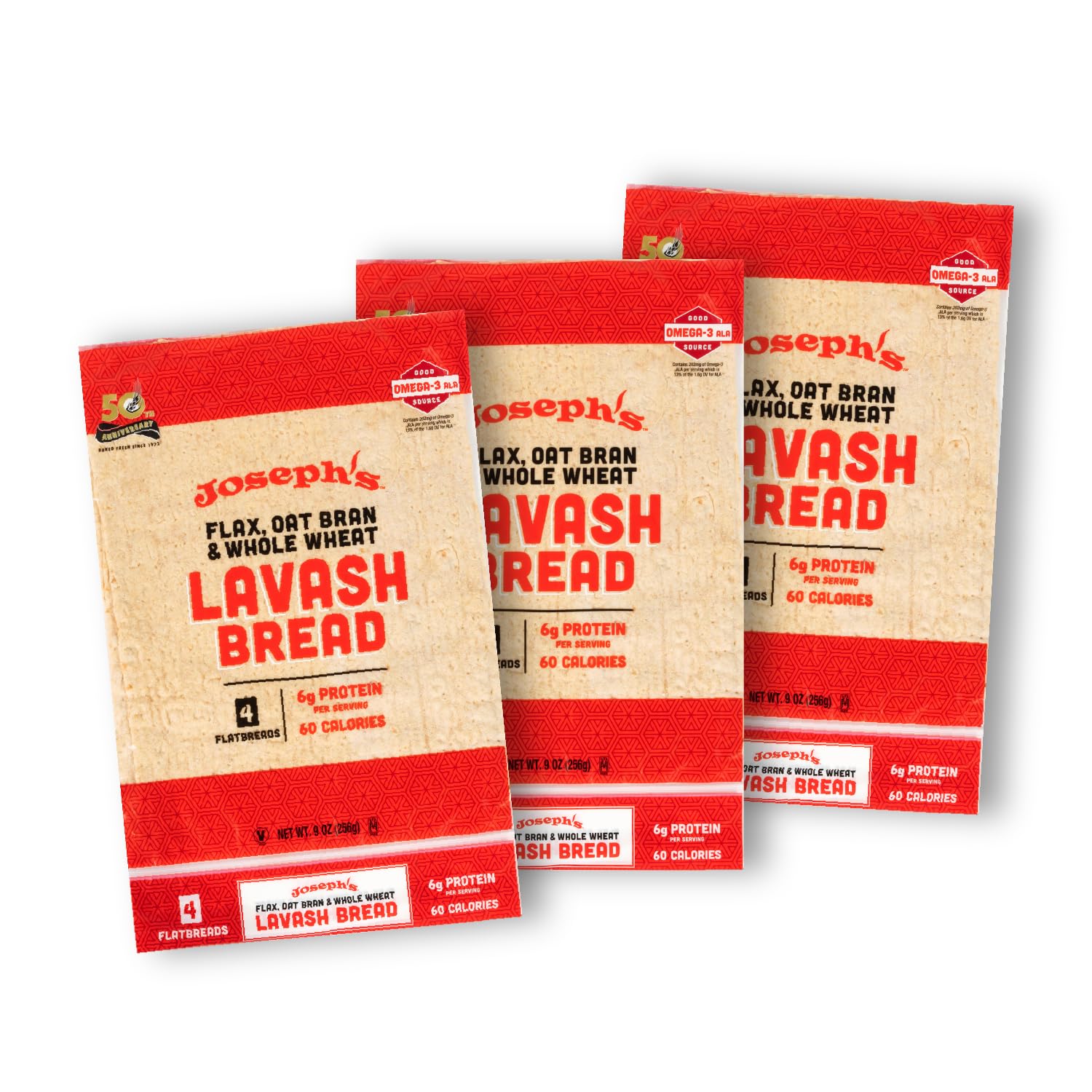 Flax Lavash 3 Pack - Joseph's Lavash Bread Value 3-Pack, Flax Oat Bran & Whole Wheat, Reduced Carb (4 Flatbreads per Pack, 12 Total)