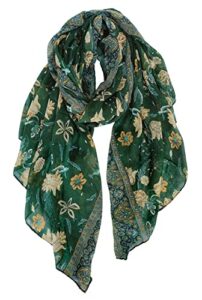 gerinly lightweight scarves fashion flowers print shawl wrap scarf for women forest green accessory for beach boho scarf (green)