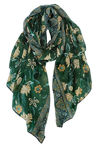 GERINLY Lightweight Scarves Fashion Flowers Print Shawl Wrap Scarf For Women Forest Green Accessory for Beach Boho Scarf (Green)