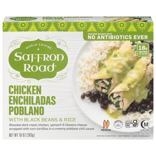 Saffron Road Chicken Enchiladas Poblano with Black Beans and Rice Frozen Dinner, 10oz - Antibiotic Free, Gluten Free, Halal