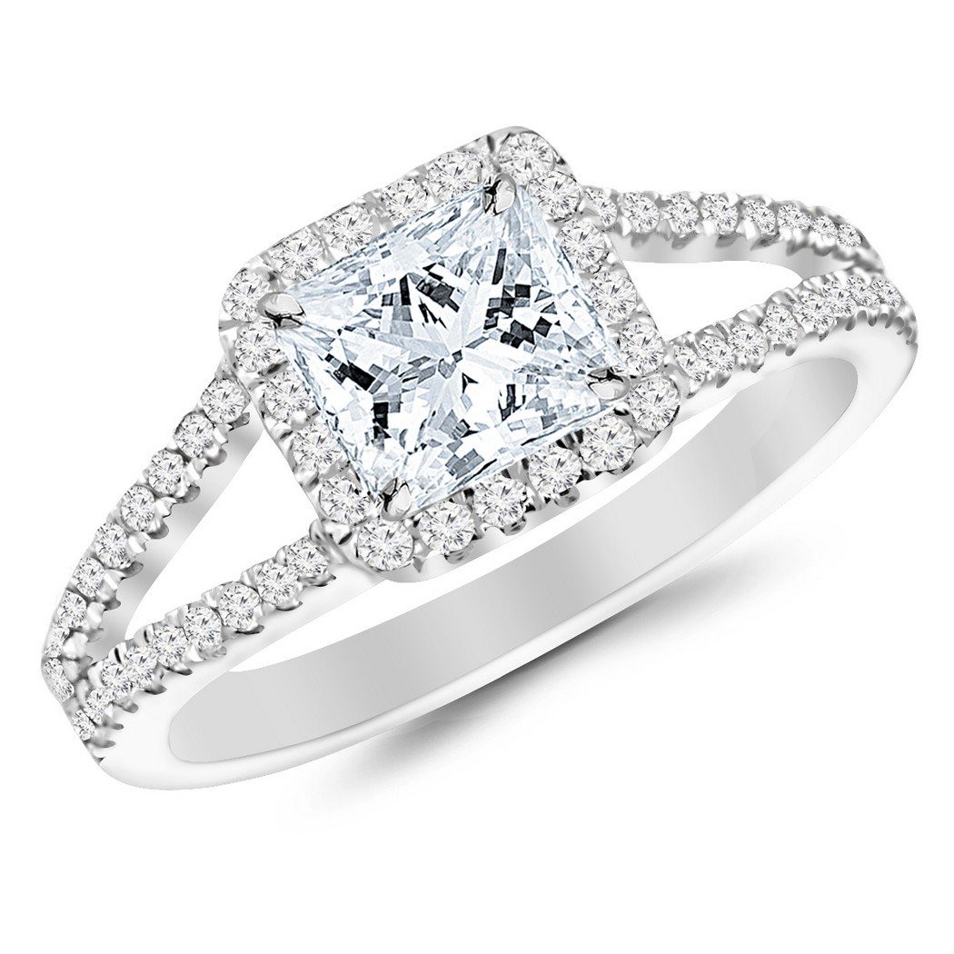 1.2 Carat t.w. Princess Shape/Center Silver Halo Style Double Row Pave Split Shank CZ Engagement Ring