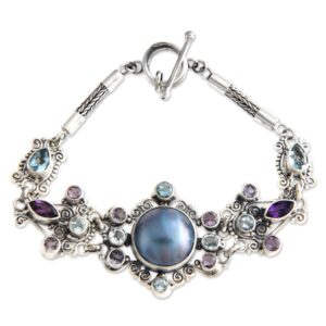 NOVICA Artisan Handcrafted Cultured Pearl Amethyst Flower Bracelet Sterling Silver Blue Topaz Mabe Purple White Pendant Indonesia Birthstone Balinese Traditional [7.5 in min L x 8 in max L x 0.1 in ]