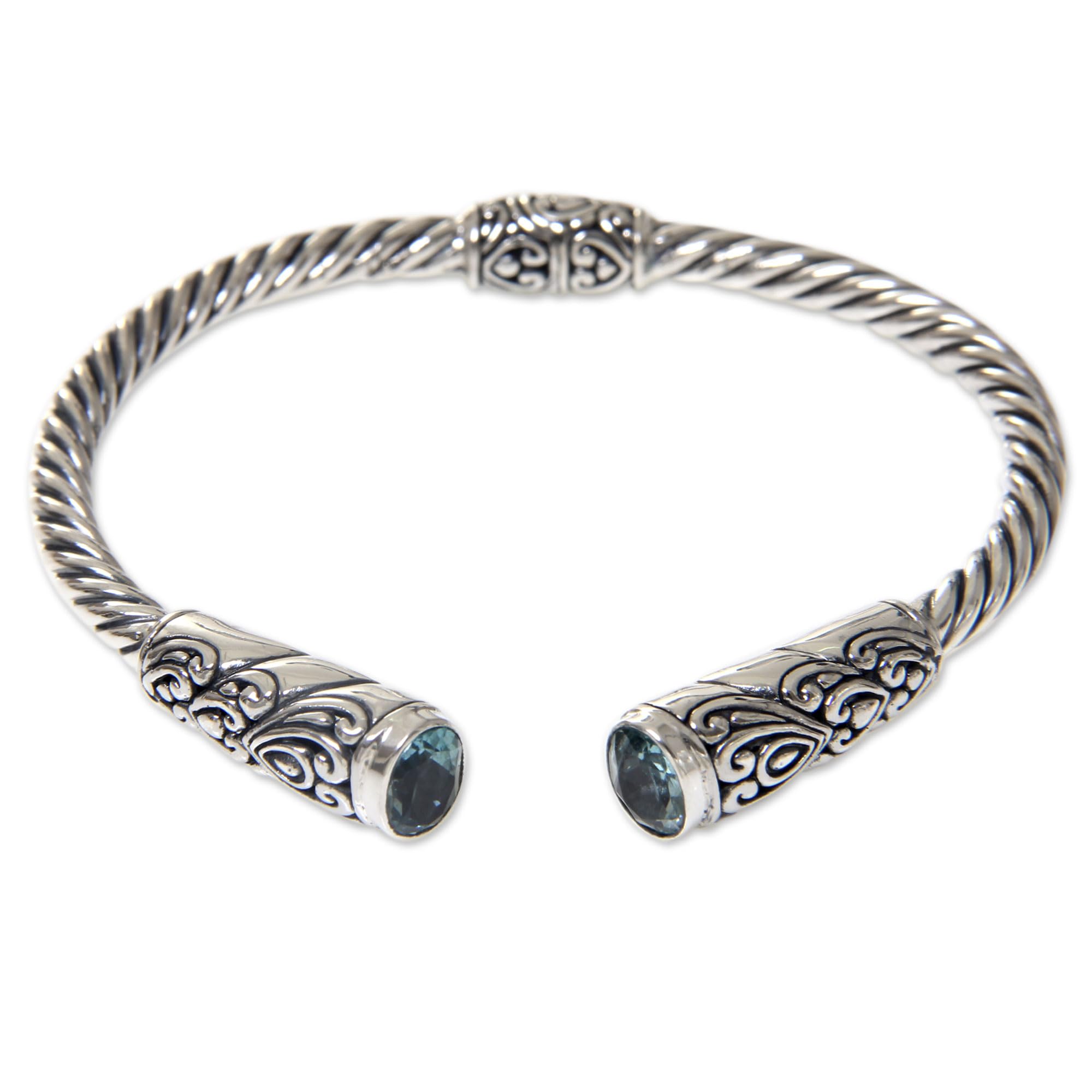 NOVICA Artisan Handmade Blue Topaz Cuff Bracelet on Sterling Silver Hinged from Bali Indonesia Serenity Birthstone [6.25 in L (end to End) x 0.4 in W] ' Beacon of Light'