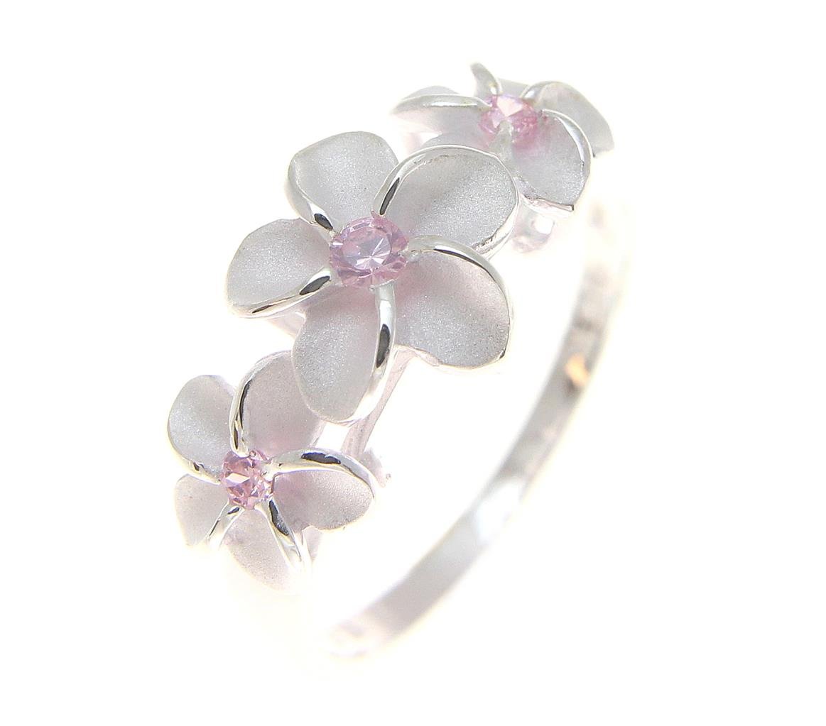 Arthur's Jewelry Sterling silver 925 3 Hawaiian plumeria flower ring pink cz size 10