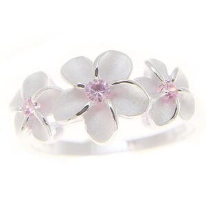 Arthur's Jewelry Sterling silver 925 3 Hawaiian plumeria flower ring pink cz size 10