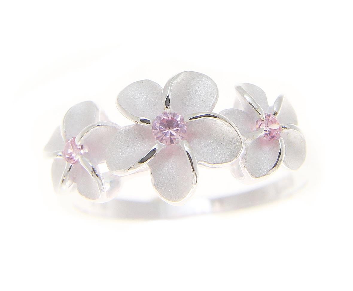 Arthur's Jewelry Sterling silver 925 3 Hawaiian plumeria flower ring pink cz size 10