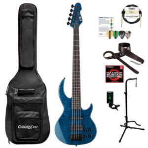 esp lbb1005qmblkaq-kit-1 bunny brunel signature series bb-1005 qm 5-string electric bass, black aqua