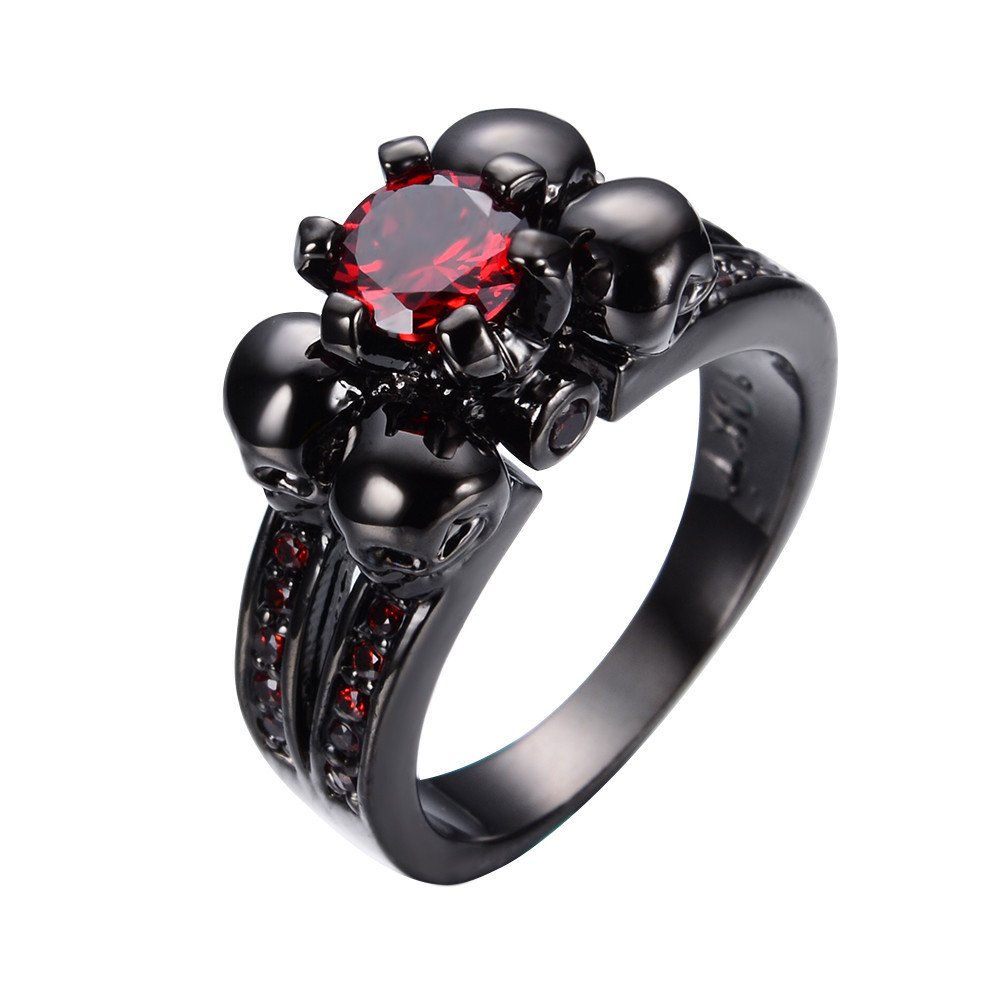 Bamos Jewelry Womens Red Lab Stone Skulls Ring Engagement Wedding Black Gold Plated Garnet Womens Ring Size 7