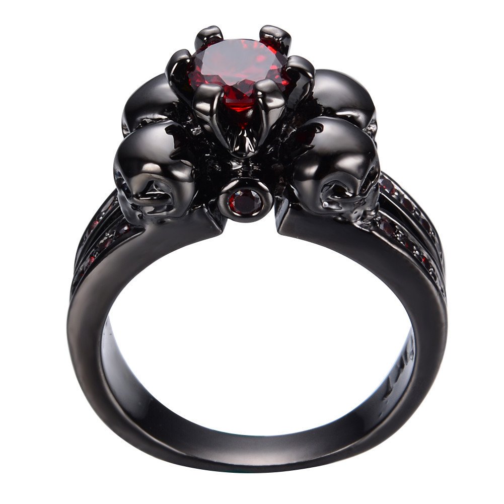 Bamos Jewelry Womens Red Lab Stone Skulls Ring Engagement Wedding Black Gold Plated Garnet Womens Ring Size 7