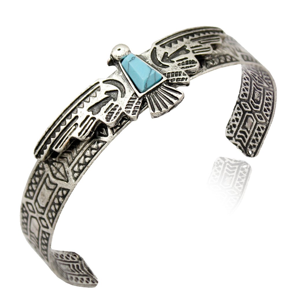 Q&Q Fashion Silver Plated Vintage Tribal Southwest Turkey Eagle Blue Stone Aztec Cowgirl Bracelet Bangle Cuff