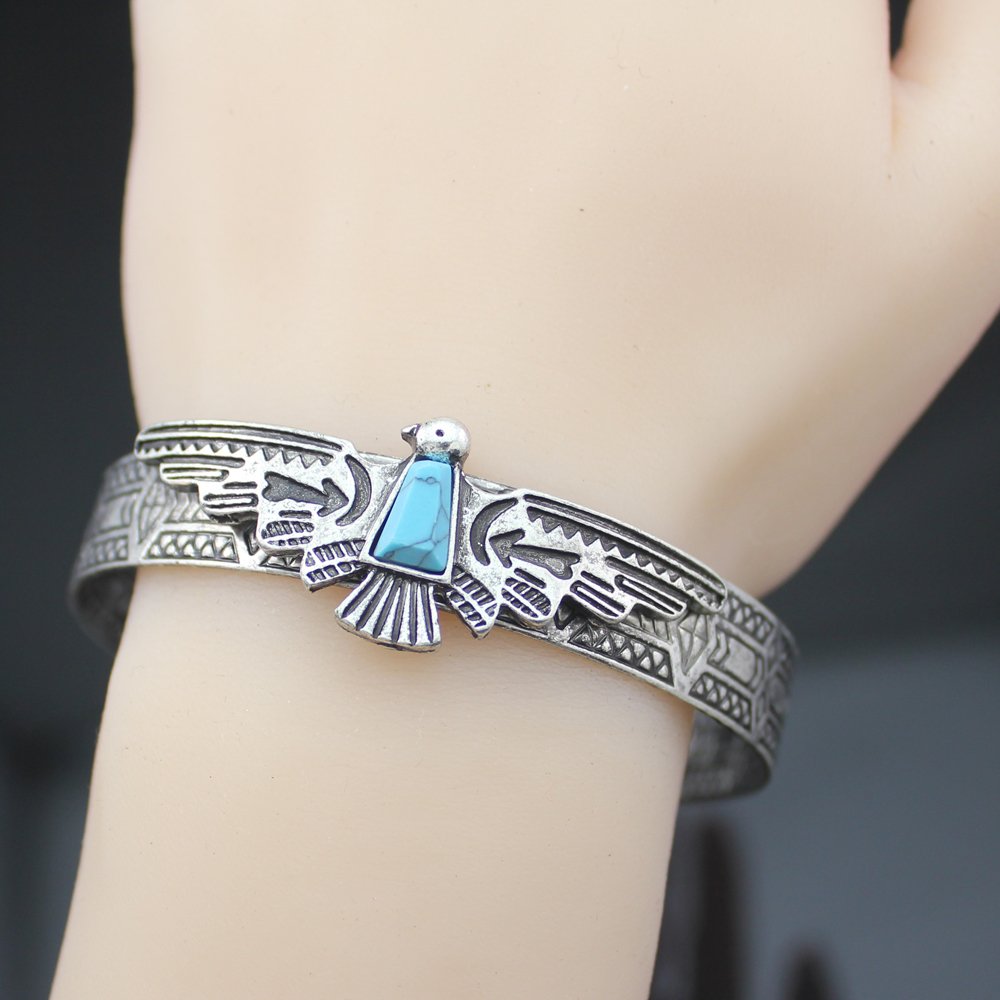 Q&Q Fashion Silver Plated Vintage Tribal Southwest Turkey Eagle Blue Stone Aztec Cowgirl Bracelet Bangle Cuff