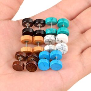 Longbeauty 6 PAIRS Fake Ear Gauge-Ear Plug-Ear Stud Earring Organic Wood Stone Set 8MM