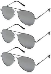 zerouv - mirrored aviator sunglasses for men women with spring loaded hinges (3-pack | silver)