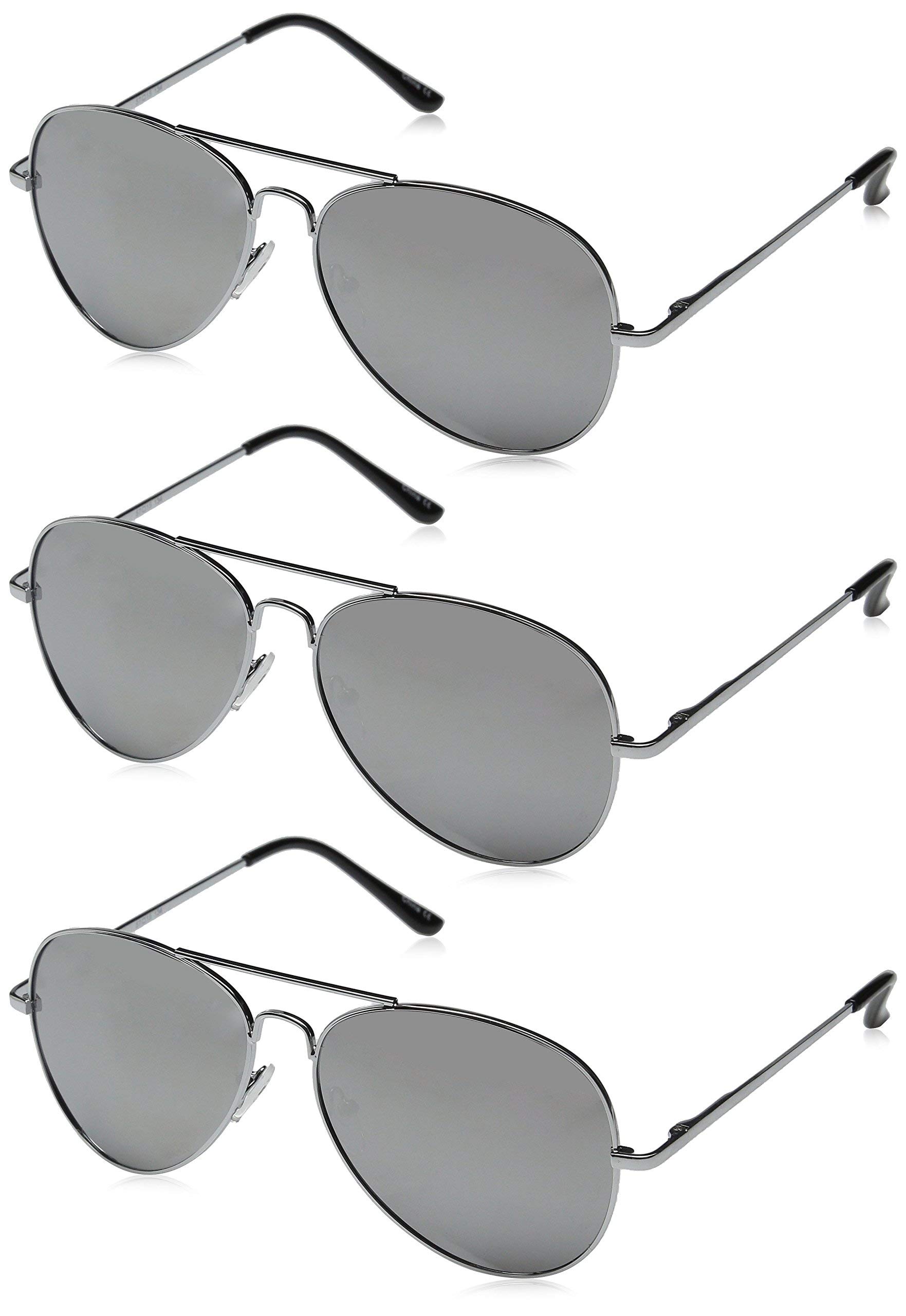 zeroUV - Mirrored Aviator Sunglasses for Men Women with Spring Loaded Hinges (3-Pack | Silver)