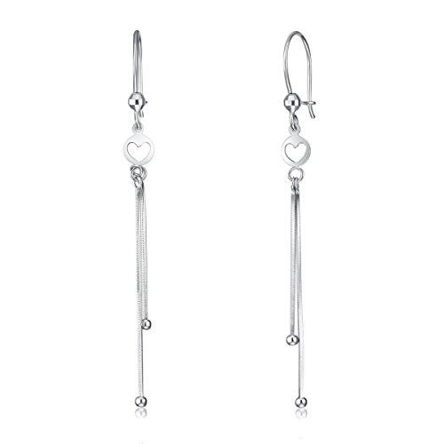 Wellingsale Ladies 14k White Gold Polished Heart Dangle Hanging Drop Earrings (55 x 5 mm)