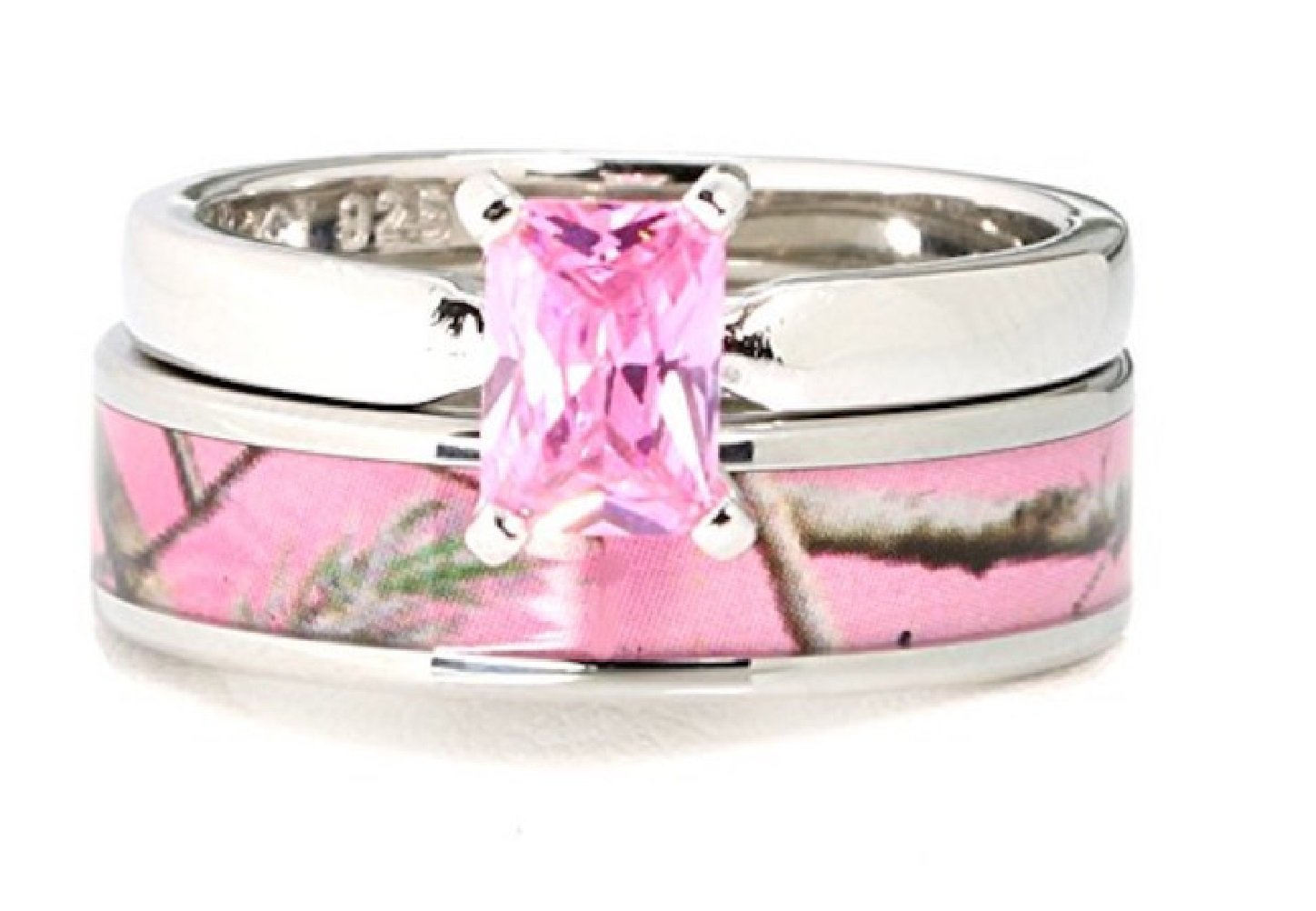 Pink Women`s Stanless Steel Camo and Sterling Silver Tourmaline Engagement Wedding Rings Set (9)