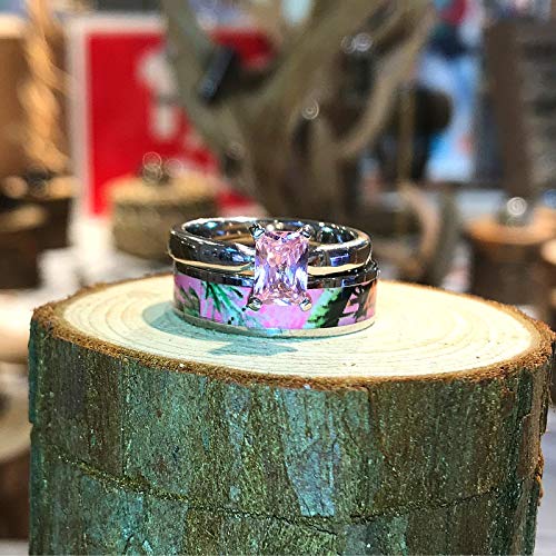 Pink Women`s Stanless Steel Camo and Sterling Silver Tourmaline Engagement Wedding Rings Set (9)