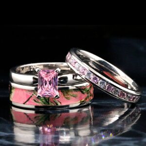 3 pieces Pink Women`s Stanless Steel Camo and Sterling Silver Tourmaline Engagement Wedding Rings Set (7)