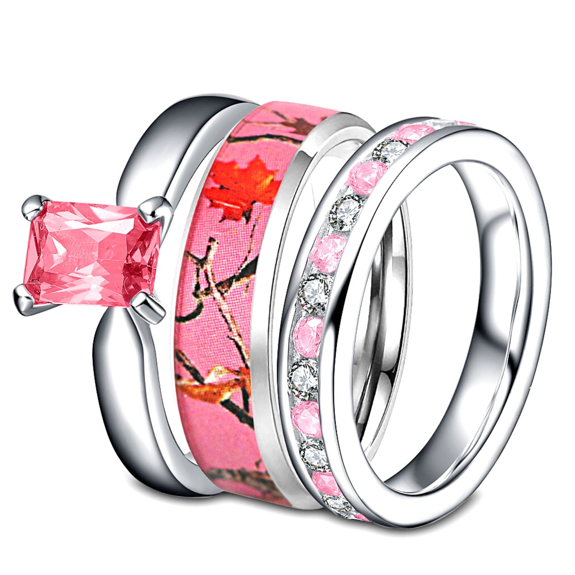 3 pieces Pink Women`s Stanless Steel Camo and Sterling Silver Tourmaline Engagement Wedding Rings Set (8)