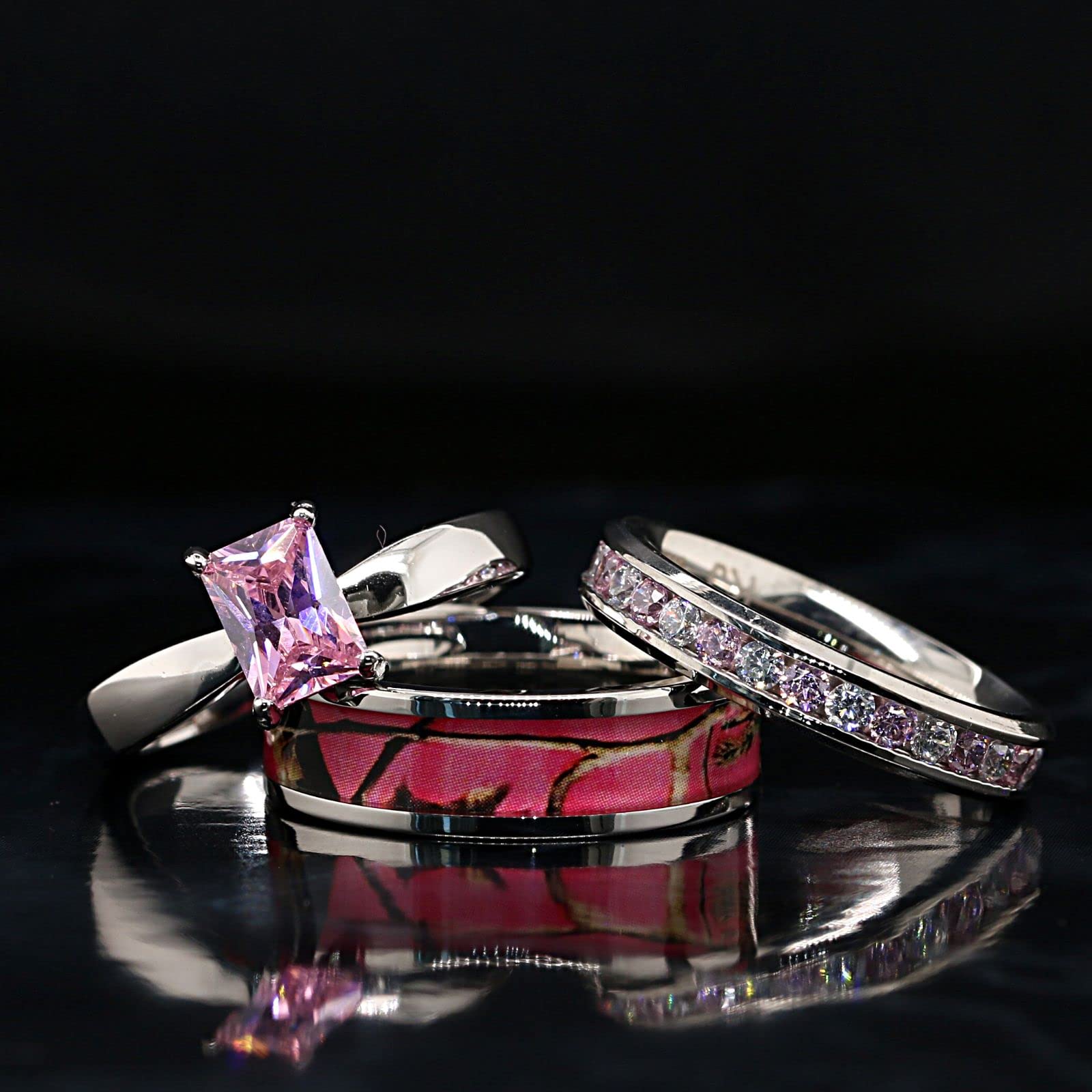 3 pieces Pink Women`s Stanless Steel Camo and Sterling Silver Tourmaline Engagement Wedding Rings Set (8)