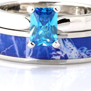 2 pc Womens Blue Camo Stainless Steel and Sterling Silver Engagement Wedding Rings Set (10)