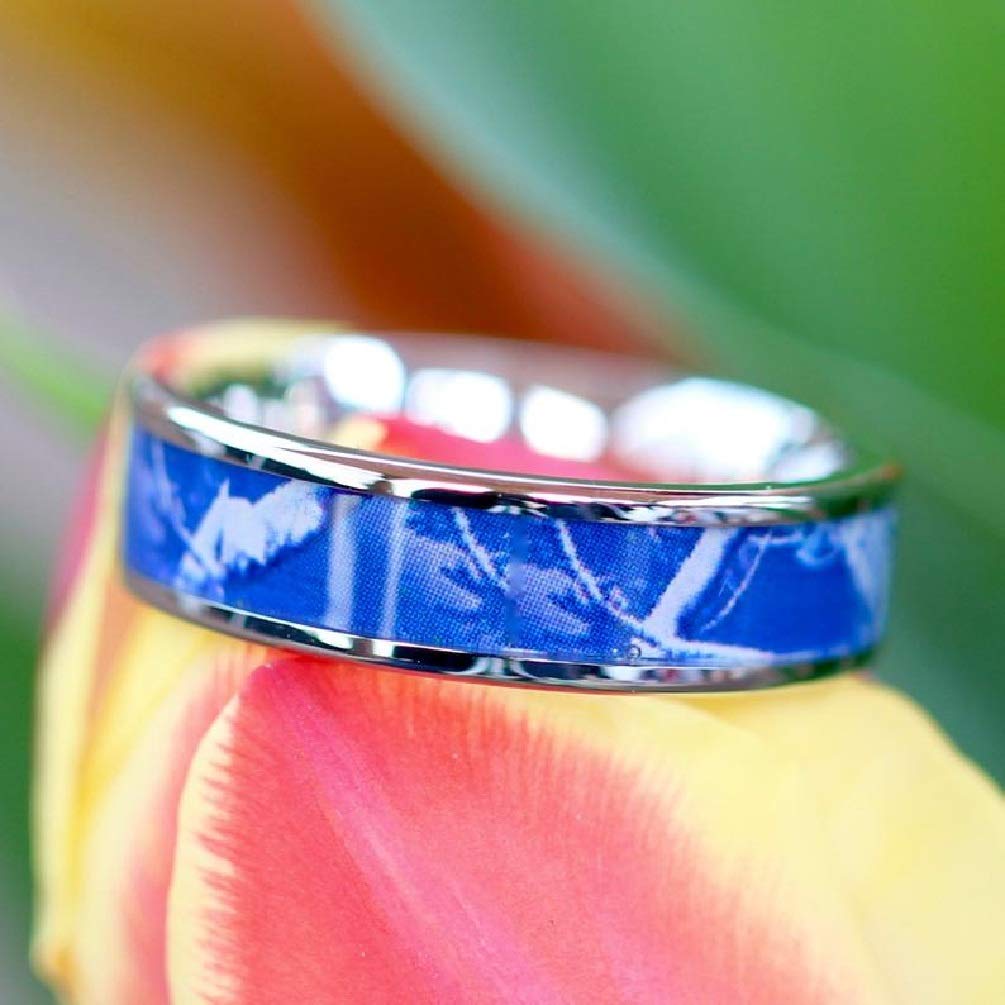 2 pc Womens Blue Camo Stainless Steel and Sterling Silver Engagement Wedding Rings Set (10)