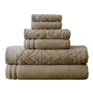 modern threads 6-piece damask jacquard/solid ultra soft 550gsm 100% combed cotton towel set with embellished borders [taupe]