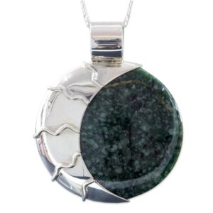 NOVICA Artisan Handmade Jade Pendant Necklace Light Dark Green Reversible Silver Sterling Guatemala Sun Moon Gemstone [necklace Length 18 in L Necklace Width 2 mm W Pendant(s) 1.7 in L x 1.3 in W x 0]