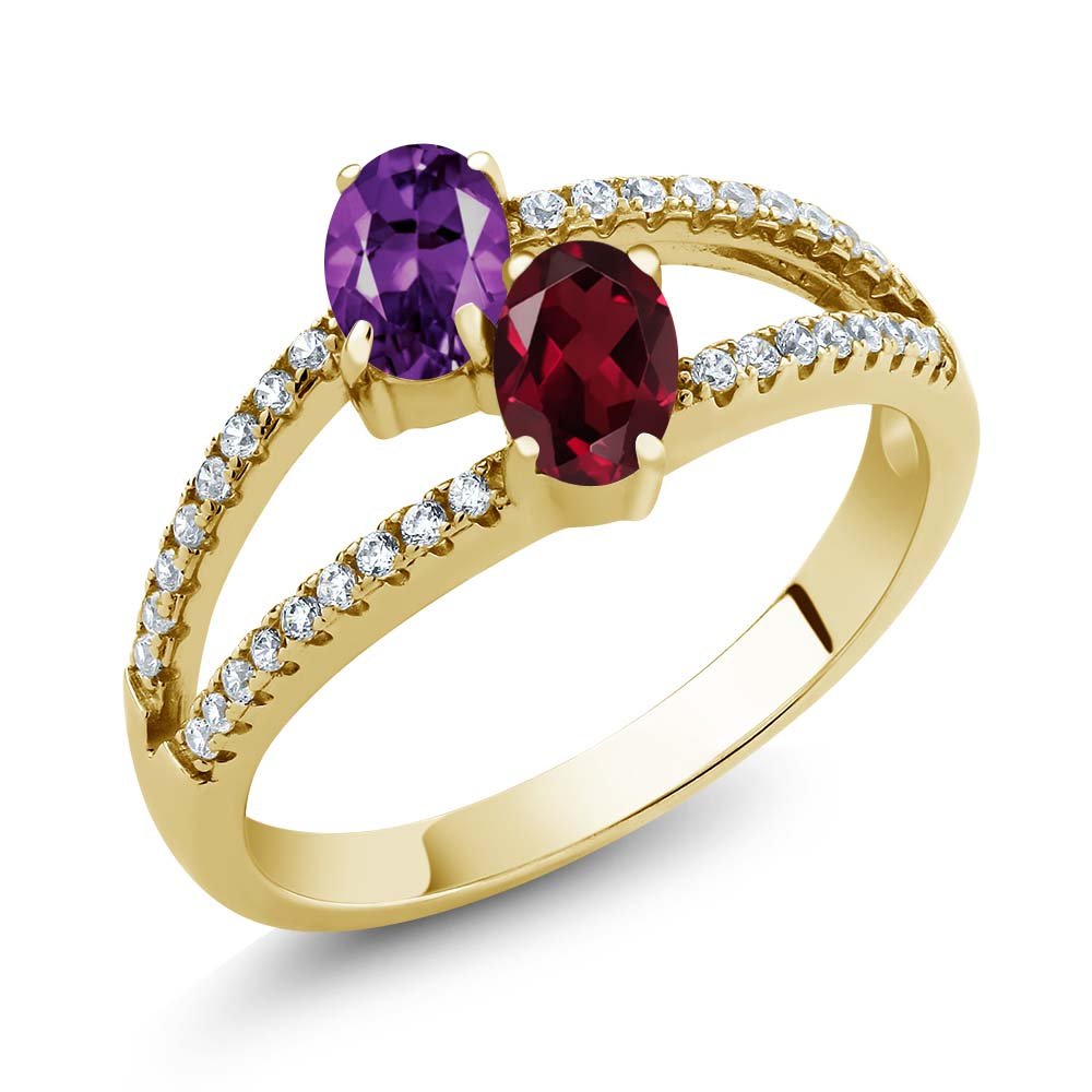 Gem Stone King 1.26 Ct Amethyst Rhodolite Garnet 2 Stone 18K Yellow Gold Plated Silver Ring (Size 7)