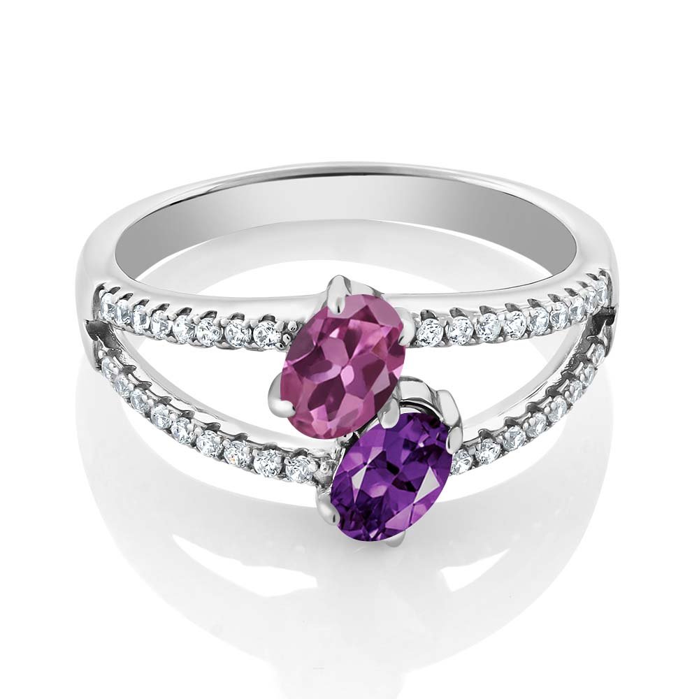 Gem Stone King 925 Sterling Silver Pink Tourmaline and Purple Amethyst 2 Stone Women Ring (1.26 Cttw, Gemstone Birthstone, Available In Size 5, 6, 7, 8, 9)