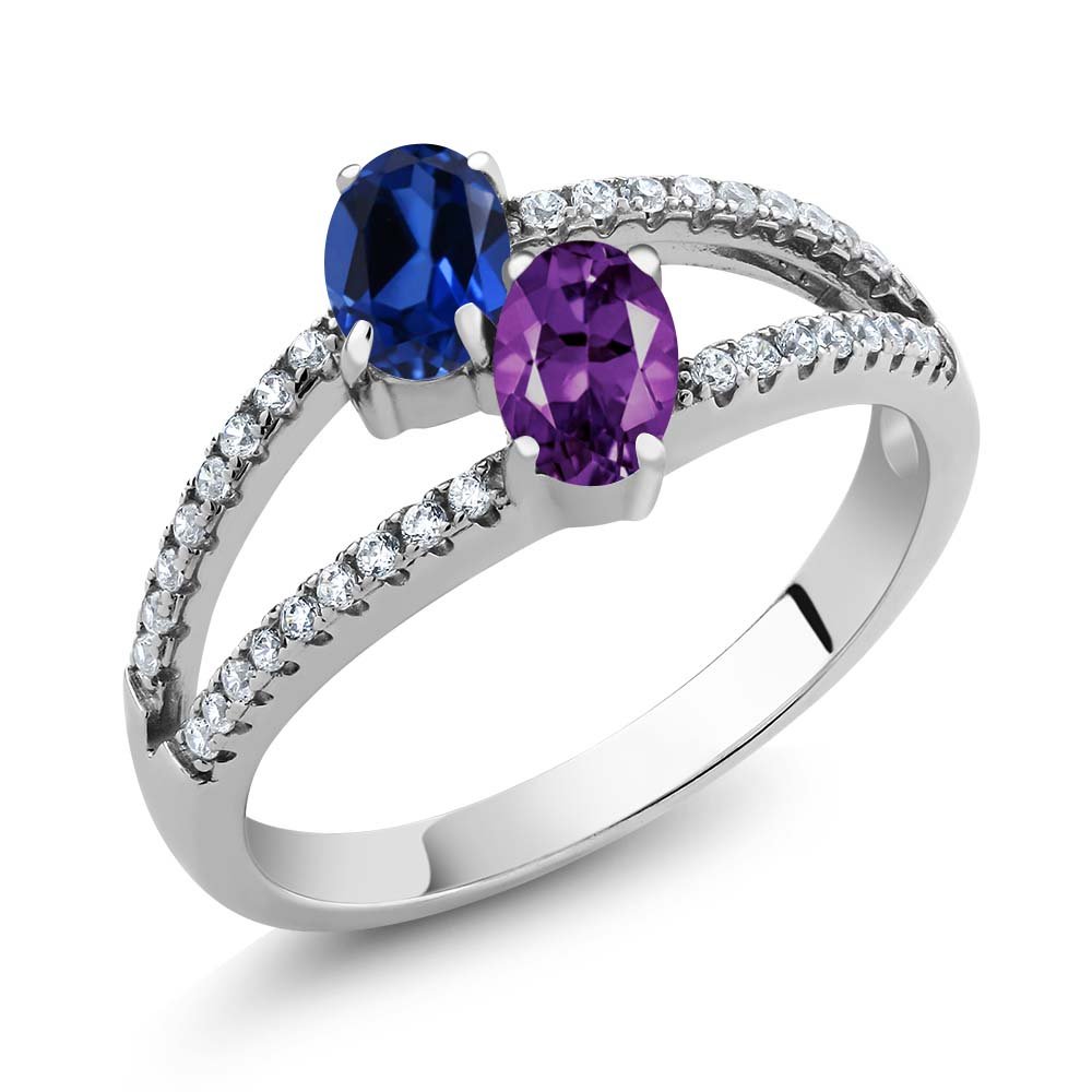 Gem Stone King 925 Sterling Silver Blue Created Sapphire and Purple Amethyst 2 Stone Ring For Women (1.26 Cttw, Gemstone Birthstone, Available In Size 5, 6, 7, 8, 9)