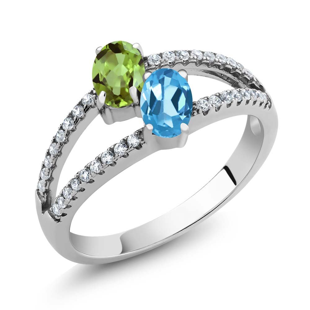 Gem Stone King 1.41 Ct Oval Green Peridot Swiss Blue Topaz 2 Stone 925 Sterling Silver Ring (Size 8)