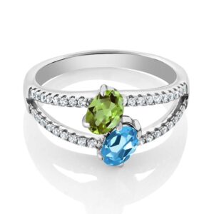 Gem Stone King 1.41 Ct Oval Green Peridot Swiss Blue Topaz 2 Stone 925 Sterling Silver Ring (Size 8)