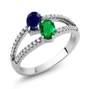 Gem Stone King 925 Sterling Silver Blue Sapphire and Green Simulated Emerald 2 Stone Ring For Women (1.36 Cttw, Gemstone Birthstone, Available In Size 5, 6, 7, 8, 9)