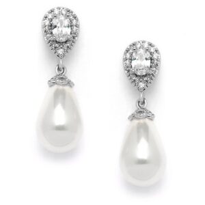 mariell pearl bridal wedding drop earrings with cz crystals for brides, bridesmaids, birthday gift