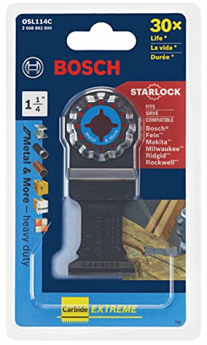 BOSCH OSL114C 1-Piece 1-1/4 In. Starlock Oscillating Multi Tool Metal & More Carbide Extreme Plunge Cut Blade for Cutting Iron Bar, Metal, Wood with Nails, Drywall and Tile