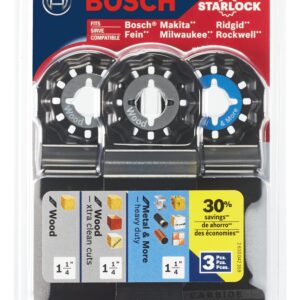 BOSCH OSL003VP 3-Piece 1-1/4 In. Starlock Oscillating Multi Tool Assorted Set Plunge Cut Blades for Mixed Applications in Metal, Wood, and Other General Purpose Materials