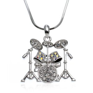 PammyJ Music Jewelry - Drum Set with Clear Crystals Pendant Necklace, 17.5"