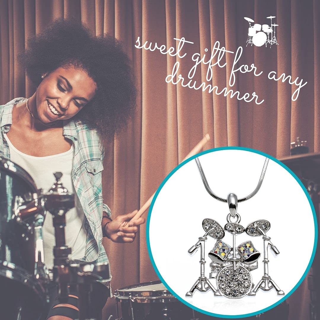 PammyJ Music Jewelry - Drum Set with Clear Crystals Pendant Necklace, 17.5"