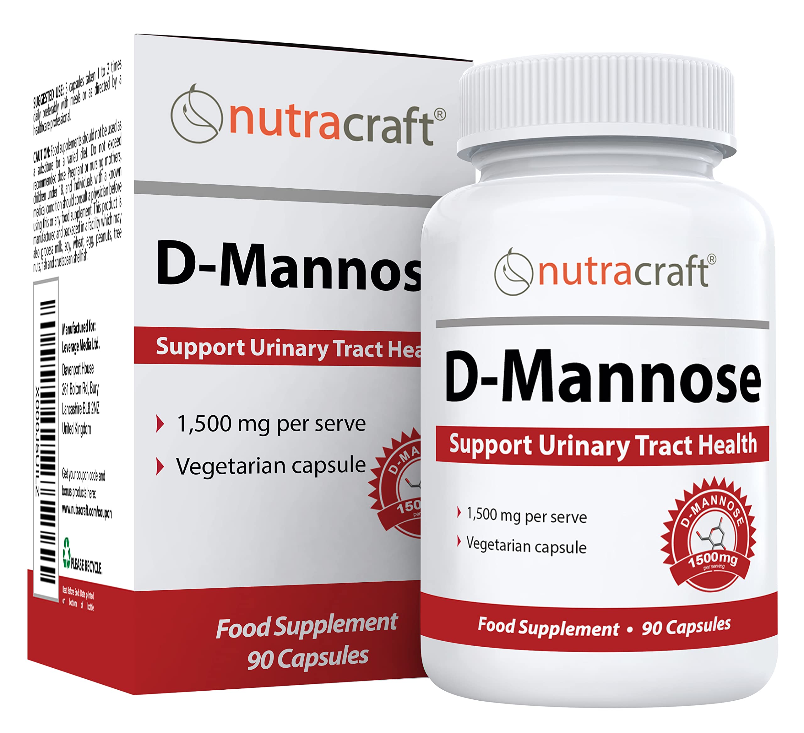 Nutracraft 1500mg Pure D-Mannose Supplement for Urinary & Bladder Health | No Preservatives or Gluten | Made in The USA | 90 Vegetarian Capsules