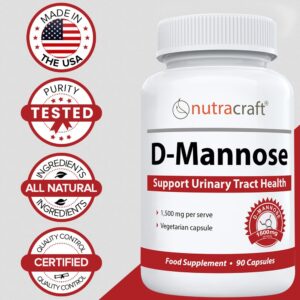 Nutracraft 1500mg Pure D-Mannose Supplement for Urinary & Bladder Health | No Preservatives or Gluten | Made in The USA | 90 Vegetarian Capsules