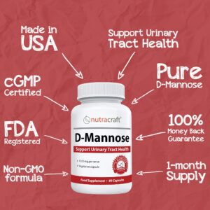 Nutracraft 1500mg Pure D-Mannose Supplement for Urinary & Bladder Health | No Preservatives or Gluten | Made in The USA | 90 Vegetarian Capsules